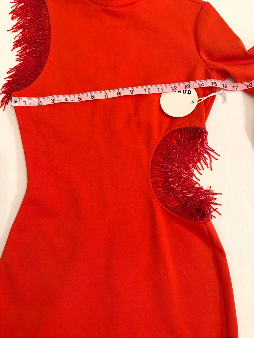 STAUD Mini Kirsten Dress in Fire Red Long-Sleeve with Fringe Cutouts Size Small - Picture 8 of 15